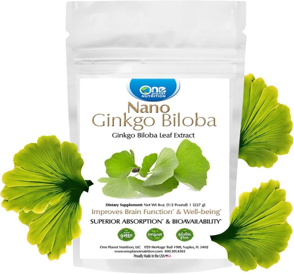 Nano Ginkgo Biloba Powder 8 oz (227 Servings), Ginkgo biloba Extract, Nano for Enhanced Absorption, Improves Cognitive Function & Circulation, Non-GMO, Vegan, Gluten Free