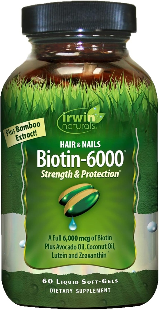 Irwin Naturals Biotin-6000 Supports Healthy Skin, Hair & Nails - 60 Liquid Softgels - Strength + Protection with High Potency 6000 mcg, Bamboo, Avocado, Coconut & More - Maximum Absorption