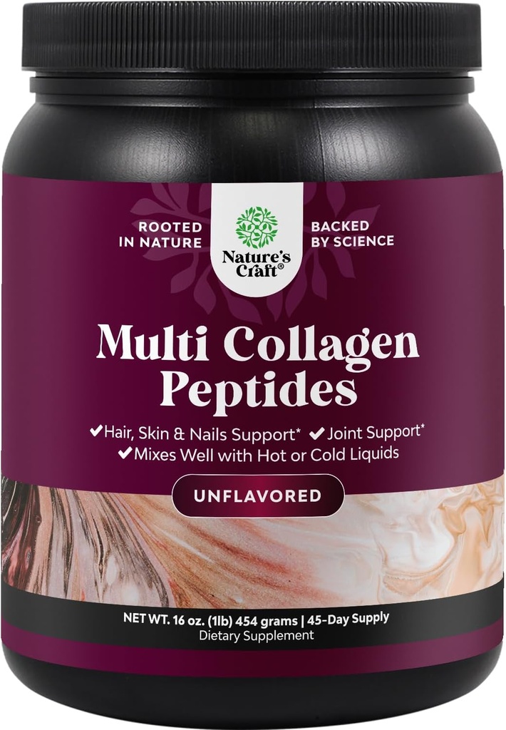 Natures Craft Multi Collagen Protein Powder for Women and Men - Keto Hydrolyzed Collagen Peptides 45 Servings Hair Skin and Nails Vitamins - Unflavored Bovine Type 1 3 for Bone Joint Support