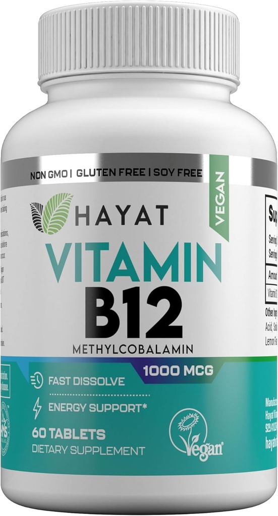 Vitamins Vegan Natural Vitamin B12 1000 MCG, Dietary Supplement for Energy Metabolism Support, 2 Month Supply, All Natural, Certified Halal, 60 Tablets, Made in The USA