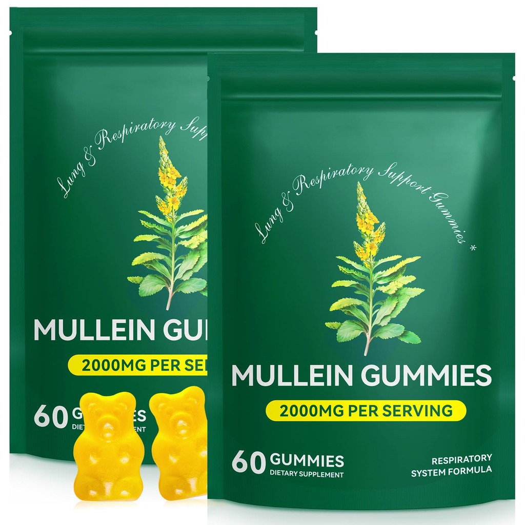 Mullein Gummies for Lung Detox, 2000mg Mullein Leaf Extract for Respiratory & Digestive & Immune Support, Organic Mullein Herb Supplement for Mucus Relief for Respiratory, Immune, Vegan