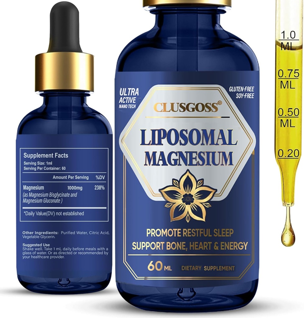 Liquid Magnesium Glycinate, 1000mg Liposomal Magnesium Drops for Calm & Sleep, Magnesium Supplement for Bone, Heart, Energy, Muscle Support, Sugar-Free