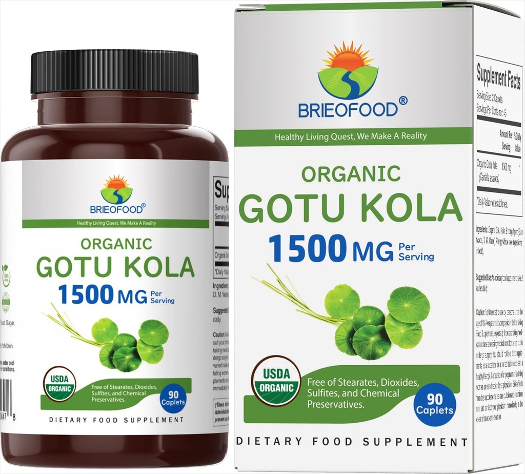 Brieofood Organic Gotu Kola 1500mg, 45 Servings, Vegetarian, Gluten Free, 90 Vegetarian Tablets