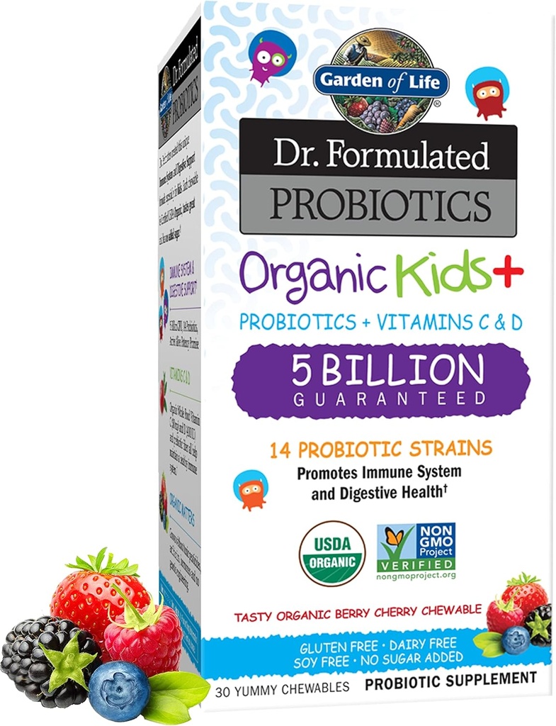 Garden of Life Kids Probiotics, Dr. Formulated Probiotics Organic Kids+ Vitamin C & D, Berry Cherry, Gluten Dairy & Soy Free Immune & Digestive Health Supplement, 30 Chewables