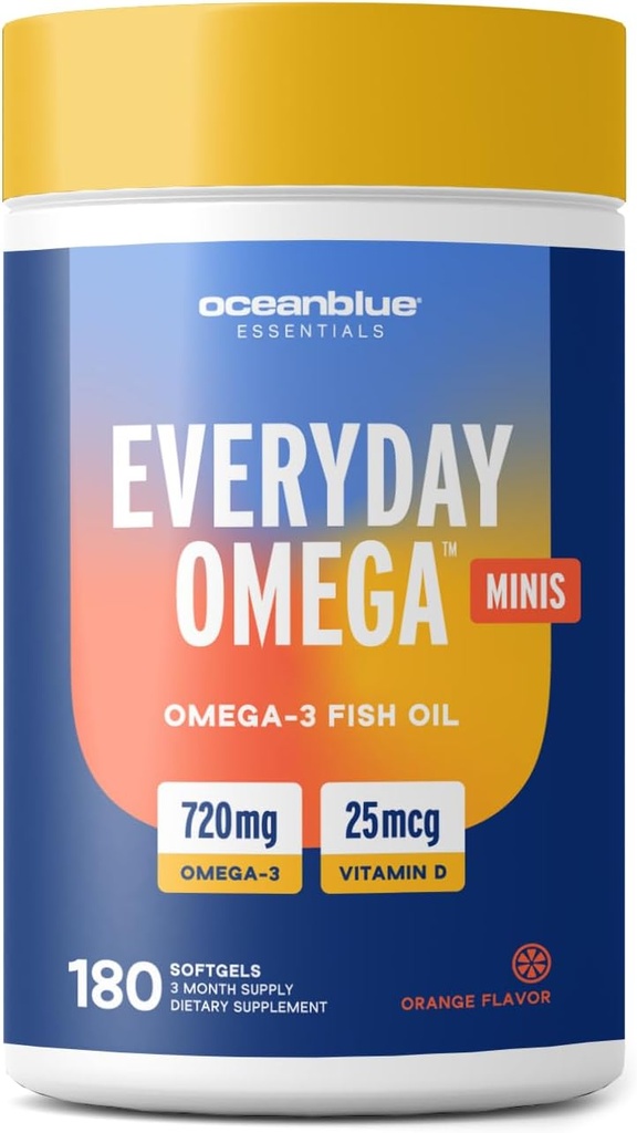 Oceanblue Essentials Everyday Omega Minis | Burpless Fish Oil with Vitamin D3 | Heart and Immune Support | Easy to Swallow Mini Softgels | Orange Flavor | 3 Month Supply (180 Count Minicap)