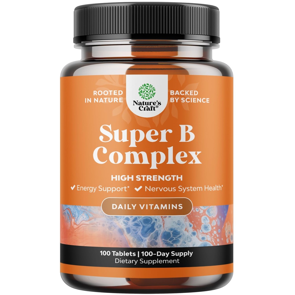 Super Vitamin B Complex for Women & Men - B Vitamins Complex with Thiamin, Riboflavin, Niacin, 6, 12 and Folate - Blend Supplement for Nervous System Support Energy & High Strength - 100 Tablets