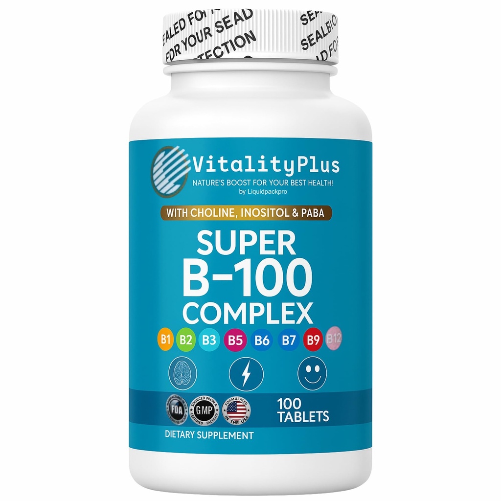 Super B-100 Complex – All B Vitamins Including B12, B1, B2, B3, B5, B6, B7, B9, Folate – High Potency B-Vitamins with Choline, Inositol & PABA – Energy & Metabolism Support – 100 Tablets