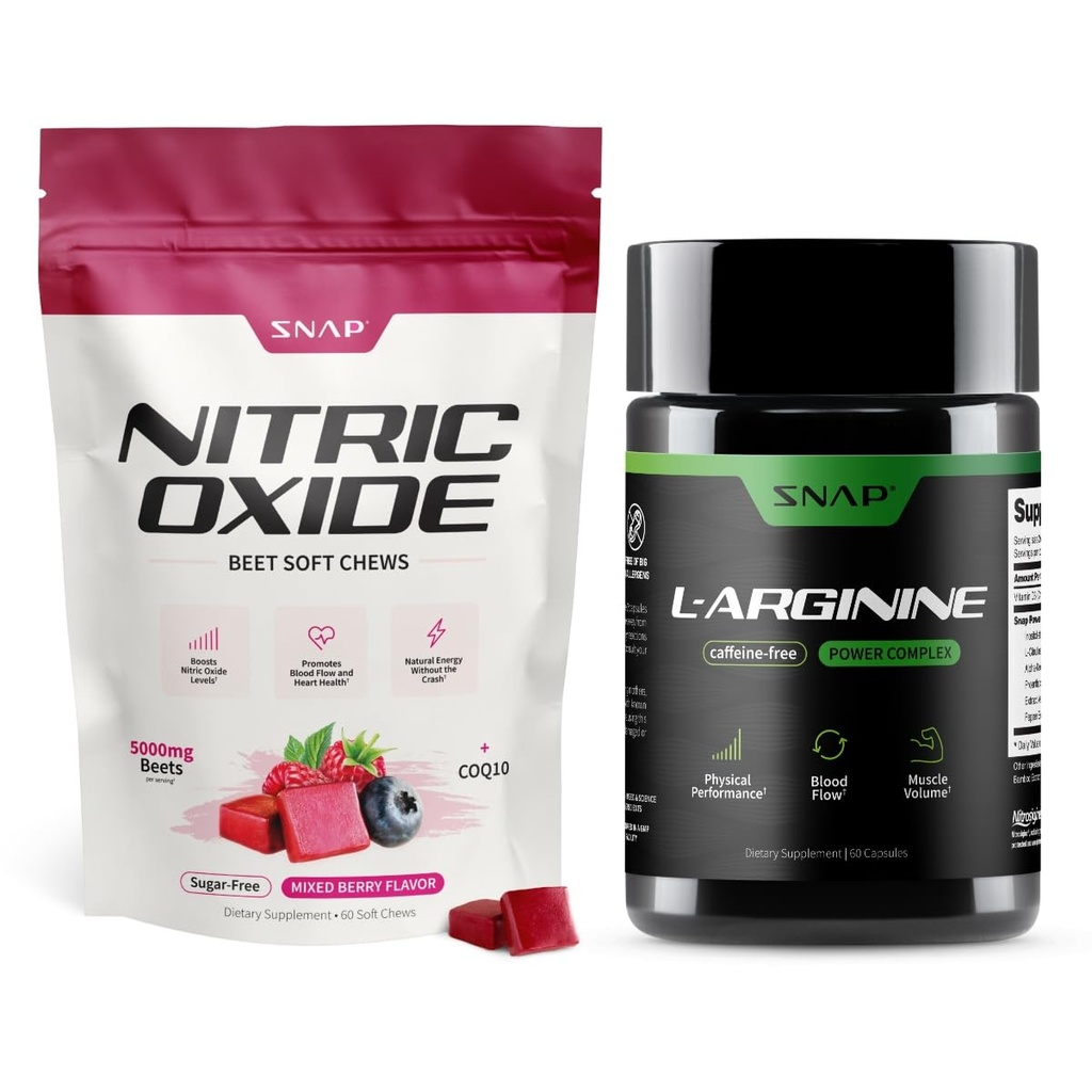 Snap Supplements Nitric Oxide Beet Root Soft Chews + L-Arginine Capsules Bundle, 60 Sugar-Free Soft Chews + 60 Vegetarian Capsules