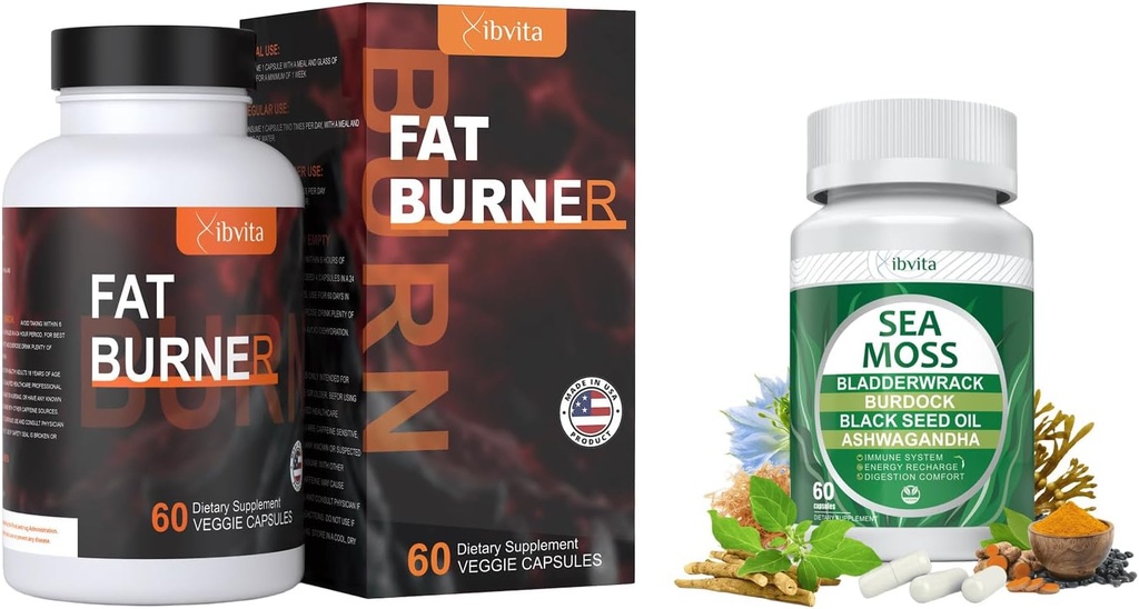 Fat Burner for Men Women & Sea Moss Capsules - Appetite Suppressant for Weight Loss Supplement, Black Seed Oil, Ashwagandha, Burdock Root, Ginger for Immune Support, Improve Energy