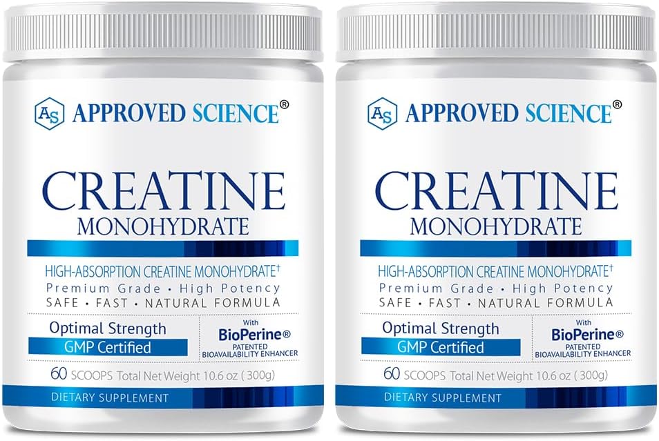 Approved Science Creatine Monohydrate Powder with BioPerine - Workout Support - 120 Servings - 5g Per Serving - Unflavored - Pack of 2 - Non-GMO, Vegan