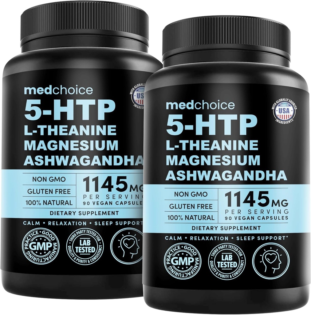 15-in-1 Mood Support Supplement - 5HTP 200mg Capsules with L-Theanine, Magnesium, Ashwagandha, GABA Supplements, 5 HTP Supplements with St. John's Wort and L-Tryptophan - 1145mg (90 Count, Pack of 2)