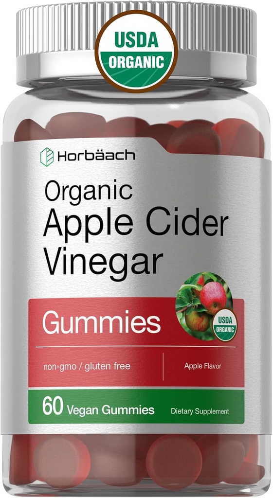 Horbäach Organic Apple Cider Vinegar Gummies | 60 Gummies | Vegan, Non-GMO & Gluten-Free Supplement | USDA Organic ACV | Apple Flavor