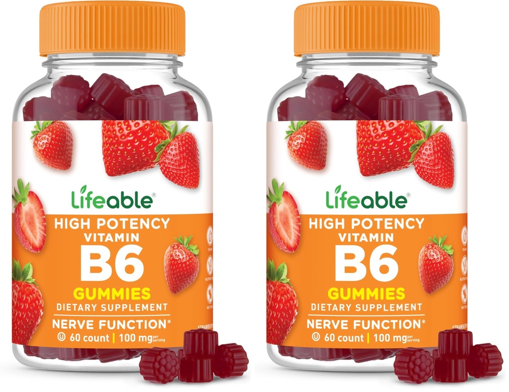 Lifeable Vitamin B6 Gummies | 100mg | Great Tasting VIT B6 Supplement | Vegan B6 Vitamins for Nerve Support Supplement | Vitamin B 6 for Adults, Men, Women | 60 Gummies (Pack of 2)
