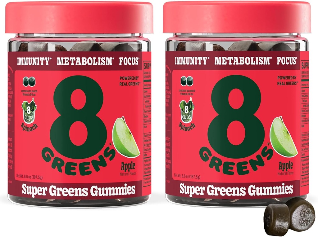 8Greens Supergreens Gummies | Super Greens Powder Superfood Gummy for Metabolism, Immunity & Focus, Digestive Health Enzymes, Organic: Chlorella, Spirulina, Aloe Vera, Apple Flavor, 100 Count