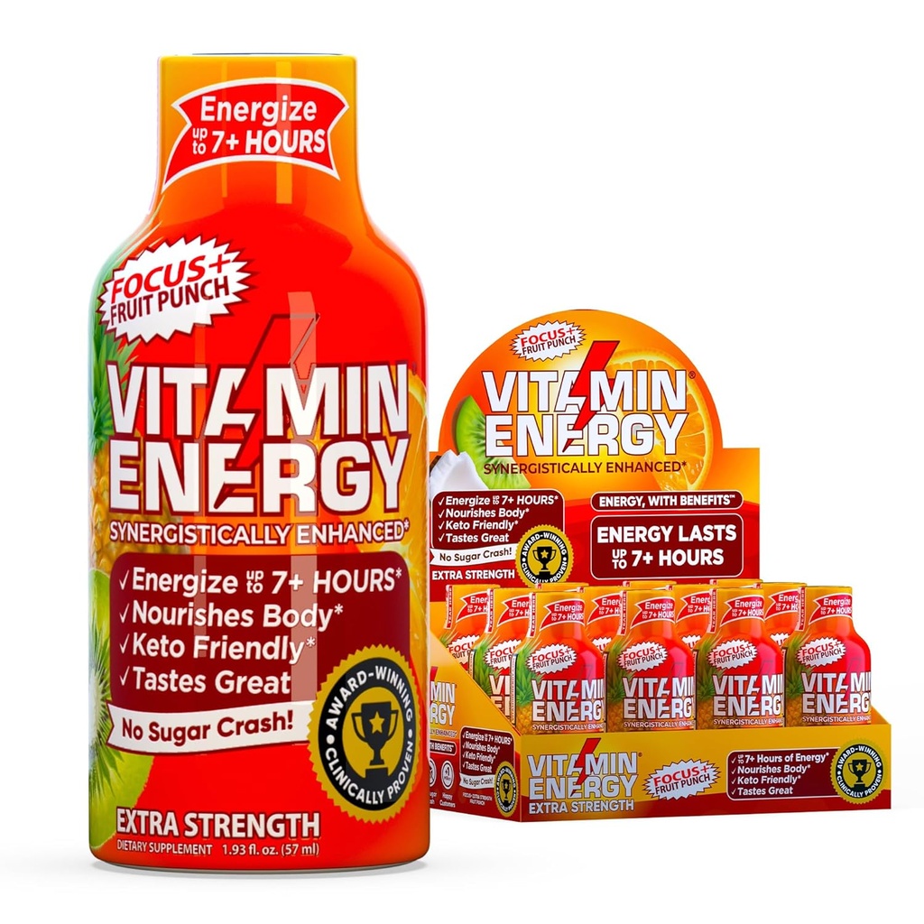 Vitamin Energy Focus+ Extra Strength Energy Shot Fruit Punch 12 Pack, 260mg Natural Caffeine, B-Vitamins, CoQ10, Amino Acids, Focus, Productivity & Clarity, Zero Sugar, Gluten-Free, 1.93 fl oz