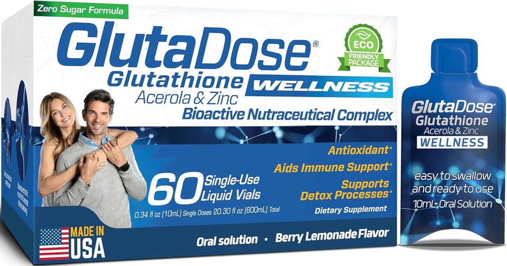 Liquid Glutathione Supplement, Lemon Berry Flavored Acerola Energy Booster w/Zinc, Daily Vitamins & Minerals, Zero Sugar Formulation, Everyday Auto-Immune Support for Adults, 0.34 fl oz, Pack of 60