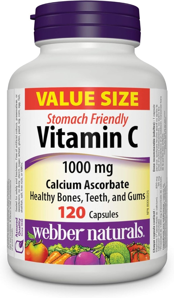 Webber Naturals Vitamin C Calcium Ascorbate 1000 mg · Stomach Friendly, 120 Capsules
