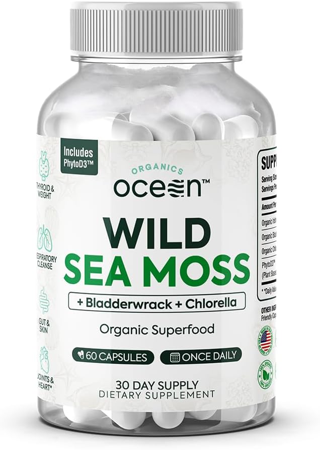 Wild Sea Moss Capsules - 100% Organic Irish Sea Moss with Organic Chlorella, Bladderwrack and Vitamin D for Energy, Lung Health and Thyroid Support for Women and Men - 60 Capsules