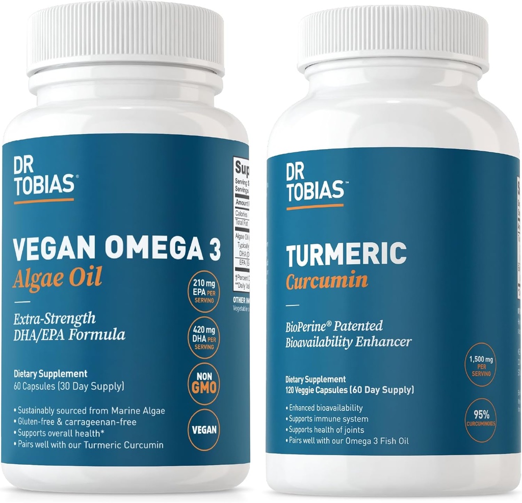 Dr. Tobias Omega 3 Algae Oil Turmeric Curcumin, Joint Support, Brain Function, and Overall Vitality, Non-GMO, Vegan