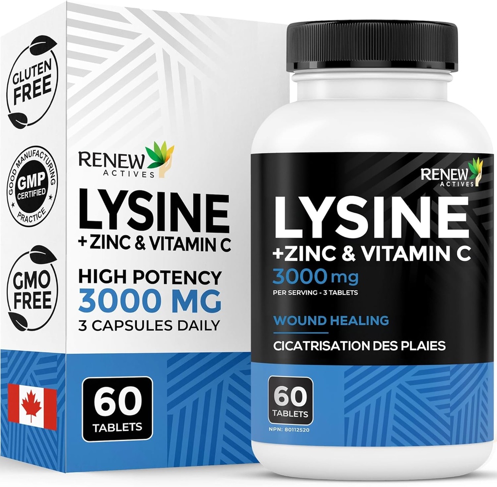 Renew Actives L-Lysine 1000 mg per Serving with Zinc & Vitamin C – Supports Immune Function, Collagen Formation, Antioxidant Support, & Healthy Skin, Hair, & Nails – Made in Canada – 60 Tablets