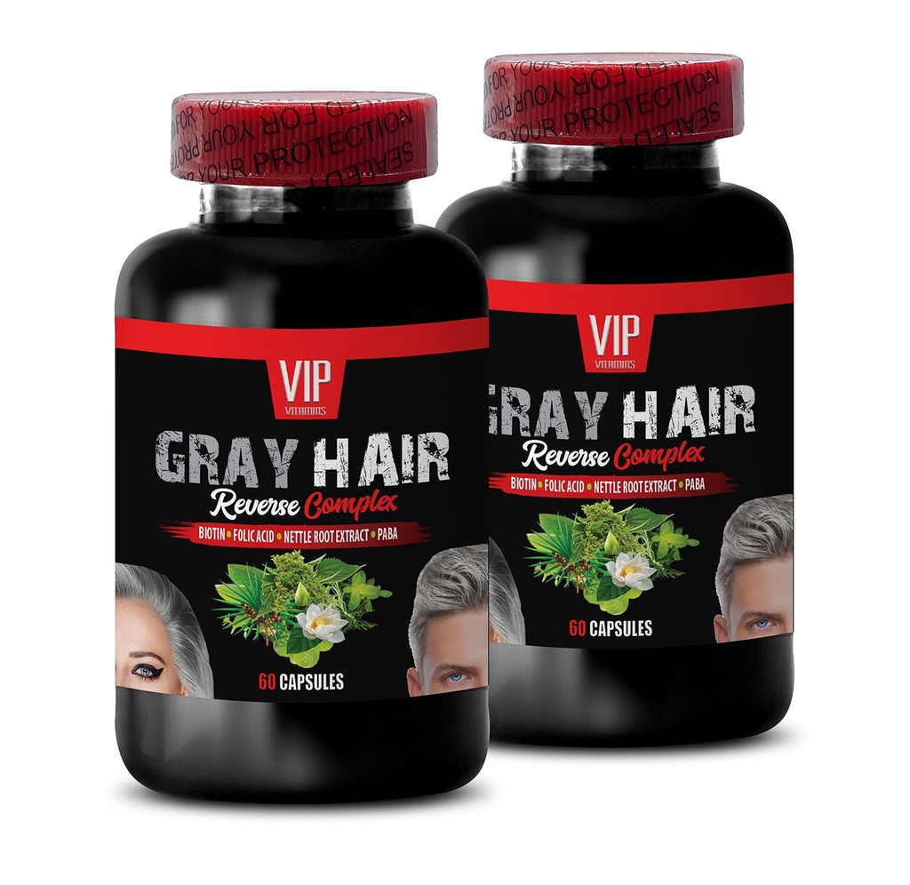 Saw Palmetto Berries - GRAY HAIR REVERSE COMPLEX - PABA,, Stinging Nettle Root, Fo-Ti Root Powder, Barley Grass Juice Powder, Vitamin B-6, Folate, Biotin, Catalase 2 Bottles 120 Capsules