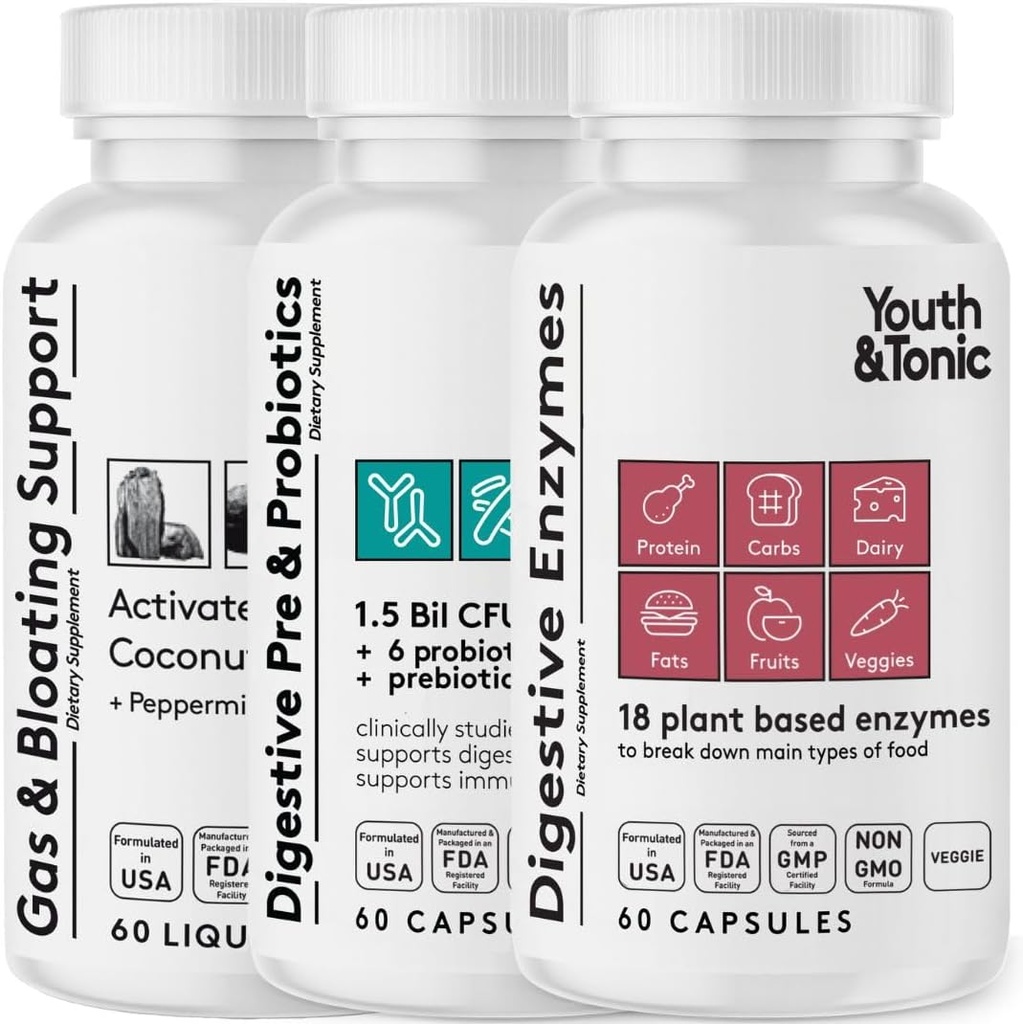 Youth & Tonic Digestion Stomach Support & Detox for Regularity, Gas & Bloating & Gut Health. All Types Digestive Enzymes Probiotics & Prebiotics Charcoal Peppermint & Organic Coconut Oil 180 Pills