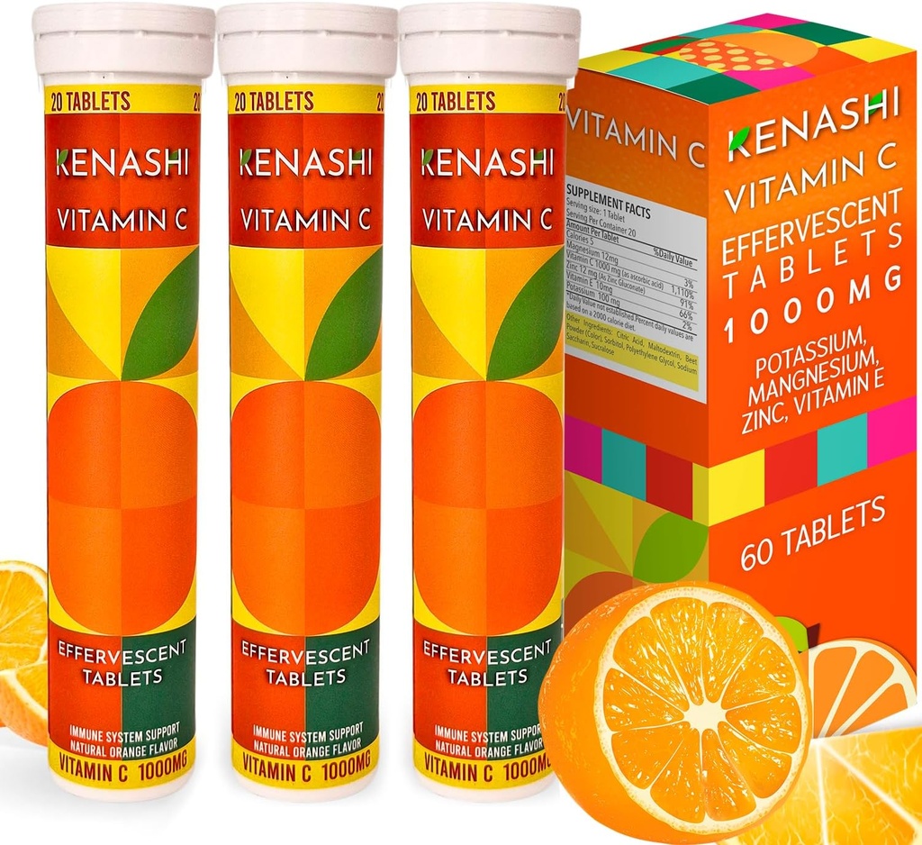 Vitamin C Effervescent Tablets 1000mg with Magnesium Zinc Vitamin E & Potassium Vitamina C Efervescente 60 Tables 3 Pack Vitamina C