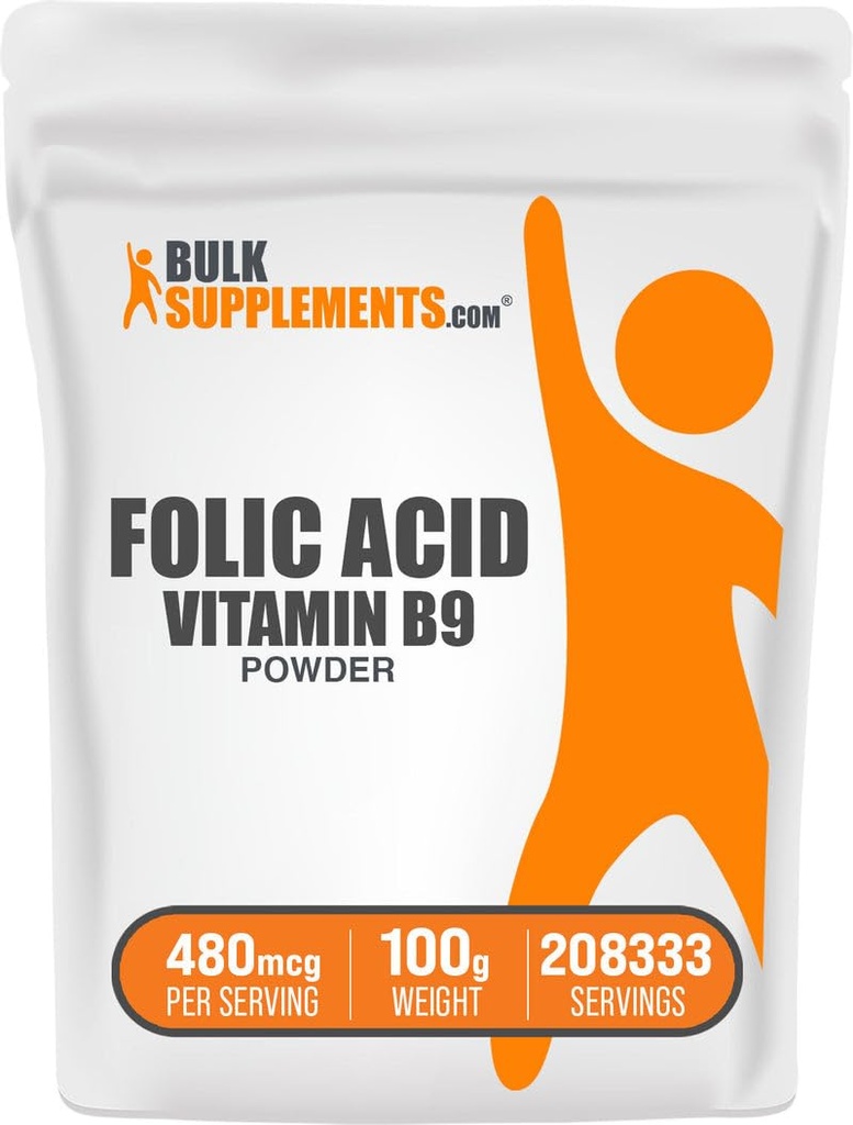 BulkSupplements.com Folic Acid Powder - Folate Supplement, Vitamin B9 - Gluten Free, 480mcg per Serving, 100g (3.5 oz) (Pack of 1)