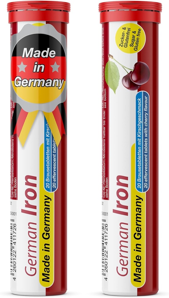 T&D German Iron 14 mg - 40 Vegan Drink Effervescent Tablets - Cherry Flavor - Made in Germany
