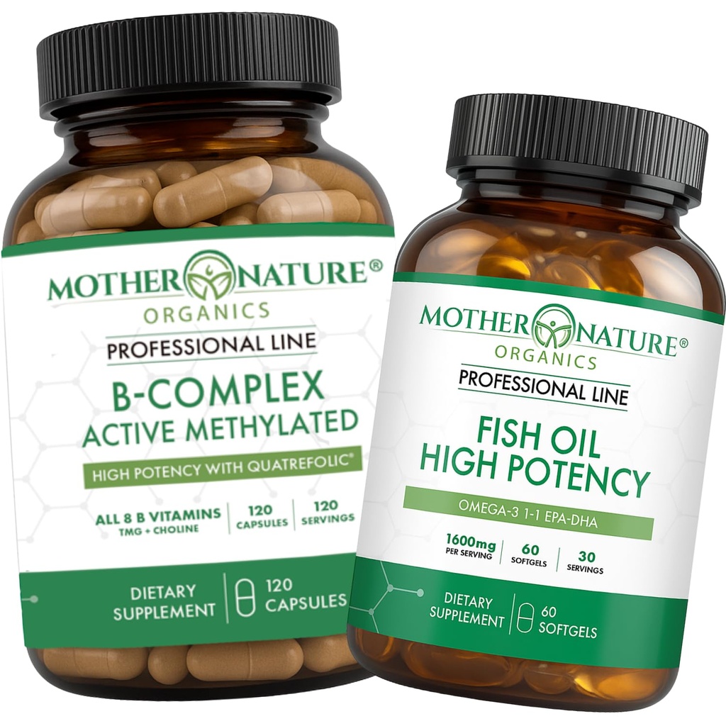 Mother Nature Organics Superfoods for Organic Living B Complex & Omega-3 Fish Oil Bundle – Energy, Heart & Brain Support | Mood, Immune & Stress Balance | Non-GMO, Gluten-Free