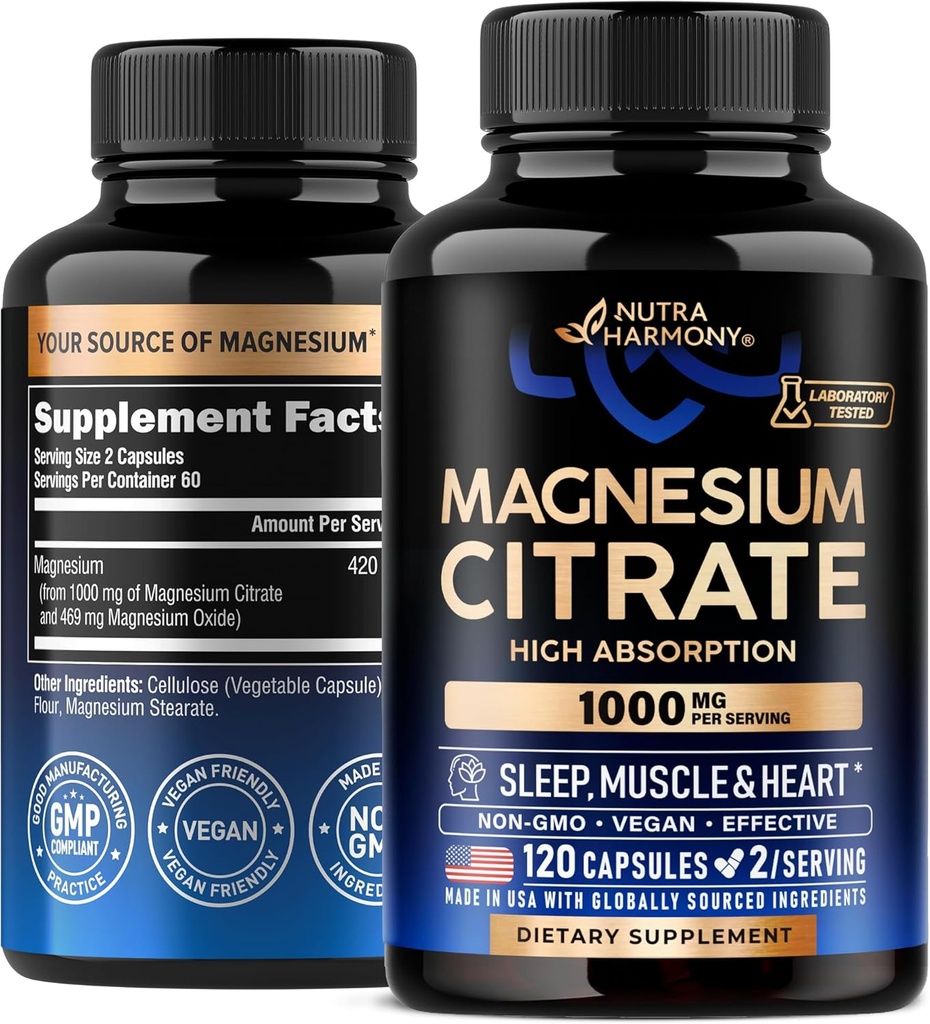 Magnesium Citrate Capsules 1000mg | High Absorption Supplement - Sleep, Muscle & Heart Support - Vegan | Non-GMO - Made in USA - As Powder | Pills | Tablets - 120 Capsules, 2 Month Supply