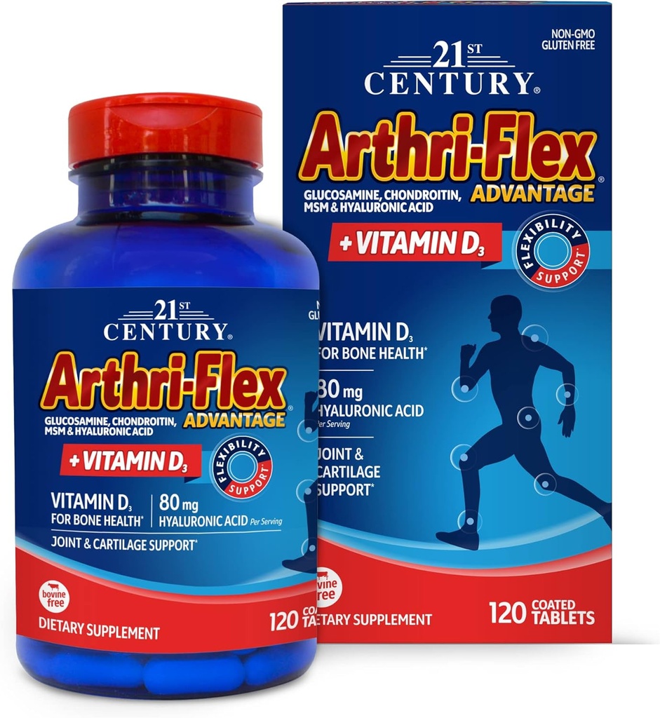 21st Century Arthri-Flex Advantage Plus Vitamin D3 Joint Support Supplement (120 Tablets), Glucosamine, Chondroitin, MSM & Hyaluronic Acid, Non-GMO, Gluten-Free, No Added Yeast or Artificial Flavors