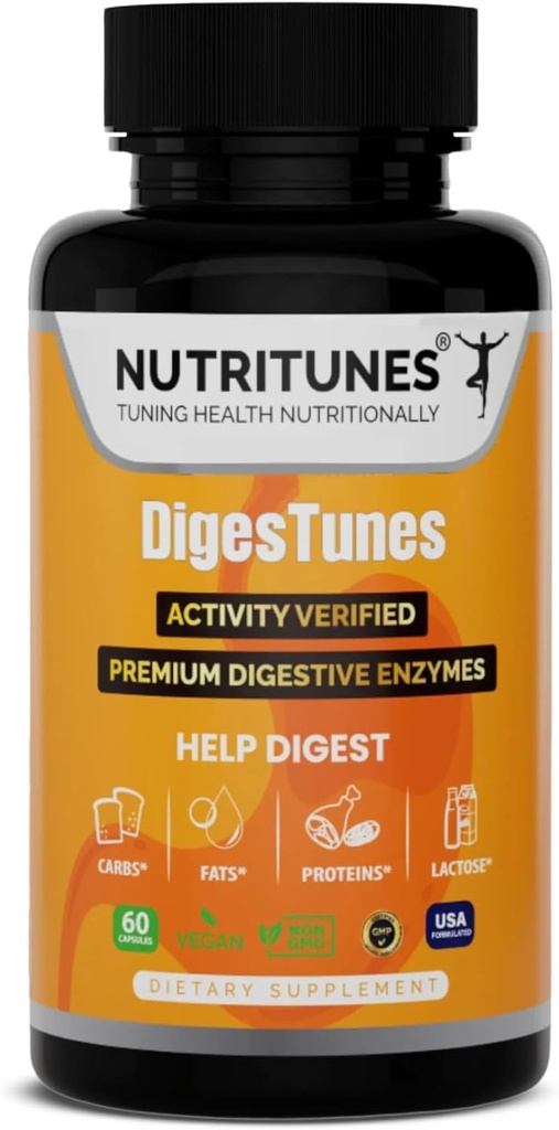 DigesTunes – Premium Digestive Enzymes to Easily Digest Carbs, Fats, Proteins & Lactose - Supports After-Meal Bloating & Discomfort Relief – Food Grade Multi Enzyme Vegan Supplement, 60-Day Supply