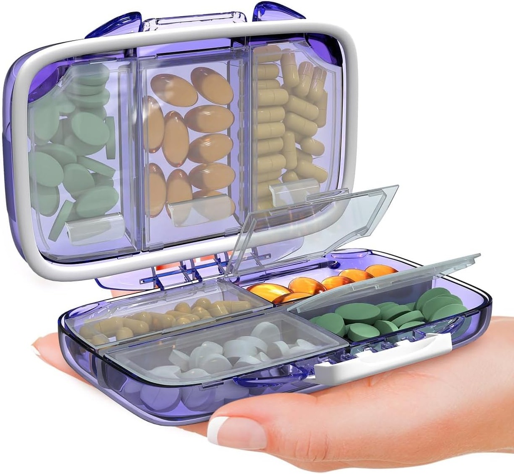 Travel Pill Organizer - Moisture Proof Portable Vitamin Holder with 7 Compartments, Compact Supplement Case for Purse Essential Medicine Kit fot Traveling Pocket Pharmacy with Labels, Purple