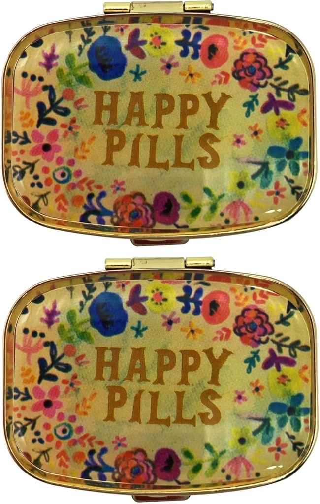AmyZone Metal Pill Organizer Travel Friendly Portable Compact Pill Box Cute Pill Case to Hold Vitamins/Tylenol/Fish Oil/Supplements/Meds/Tablet for Purse/Pocket(Happy Pills 2 pcs with Mirror Inside)