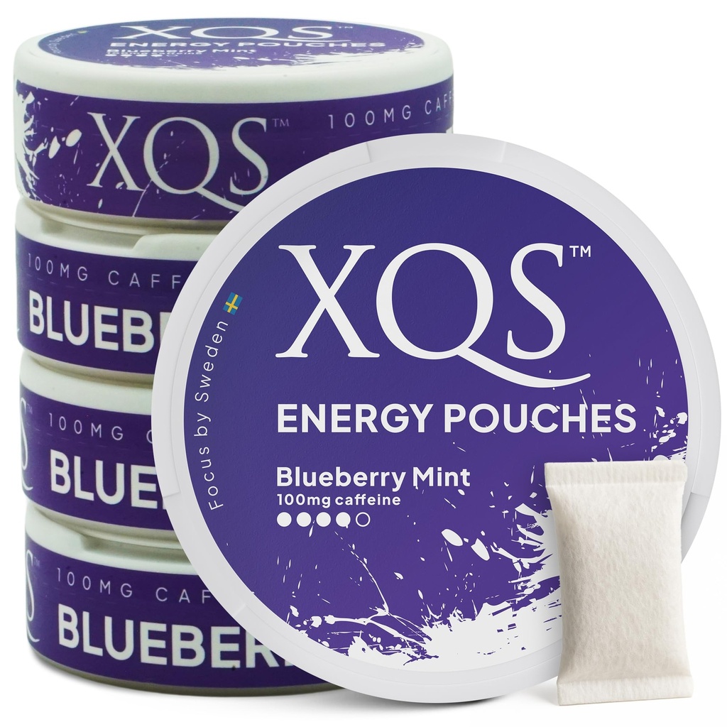 XQS Functional Energy Pouches – 5 Pack Blueberry Mint 100mg Caffeine, Zero Sugar & Nicotine Free Pouches for Energy Boost, Focus & Clarity – 20 All-White Caffeine Pouches Per Tin
