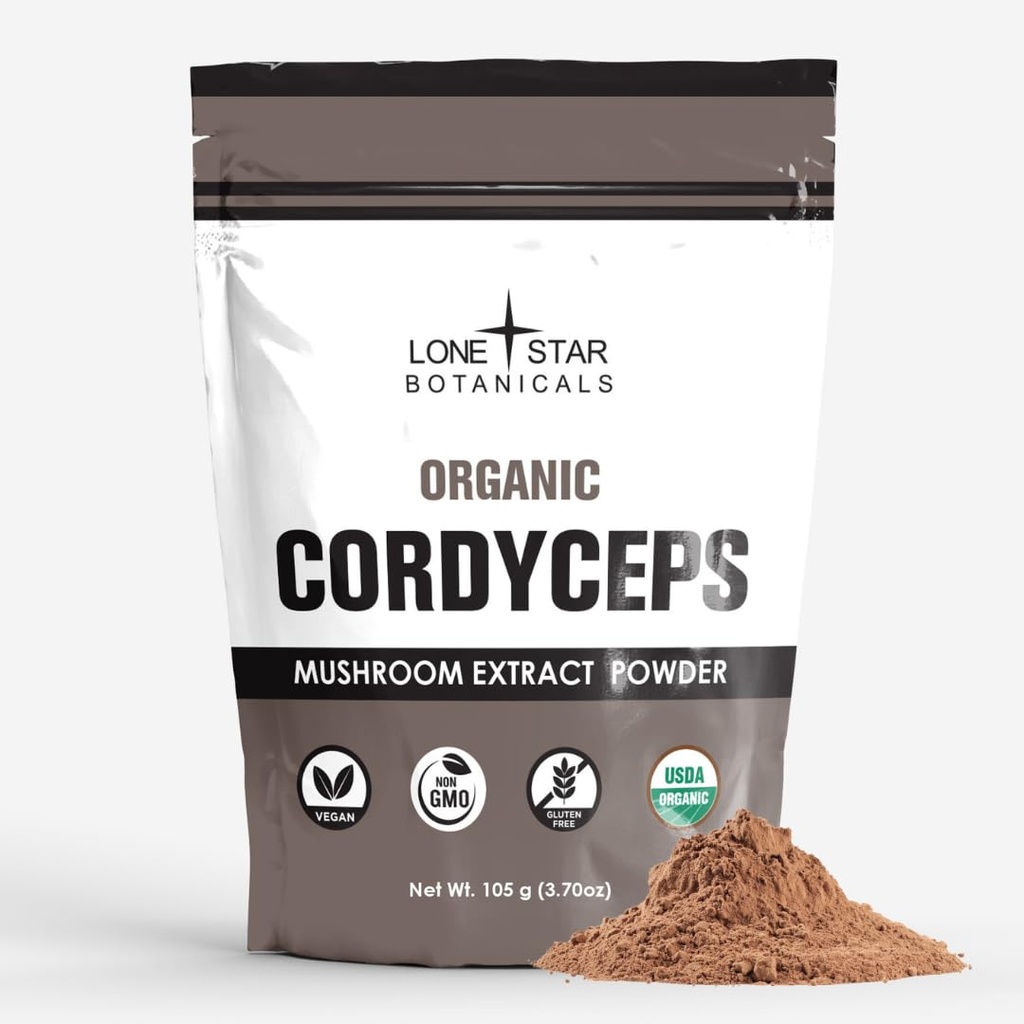 Lonestar Botanicals Organic Cordyceps Mushroom Extract Superfood Powder, 100g (2.52oz), Vegan, Non-GMO, Gluten-Free, USDA Organic