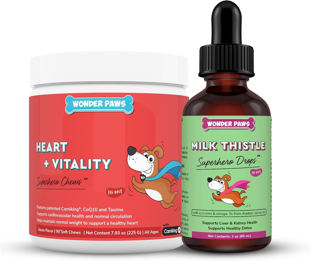 Heart + Vitality Superhero Chews Plus Milk Thistle Drops - for Dogs Heart Health, Circulation, Liver & Immune Support - Heart + Vitality 90 Chews - Milk Thistle Drops 2 Ounces