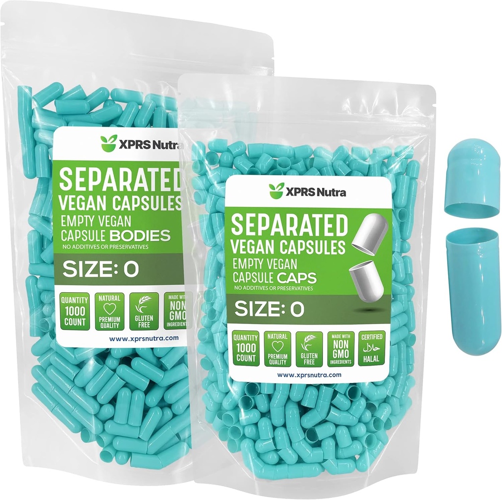 XPRS Nutra Vegan Size 0 Separated Capsules - 1000 Count Premium Empty Capsules Separated in Bags - Pills 0 for DIY Supplement Filling (Aqua)