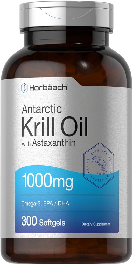 Horbäach Antarctic Krill Oil 1000mg Softgels | 300 Count | Omega 3 Supplements with Astaxanthin, EPA, DHA | Non-GMO, Gluten Free