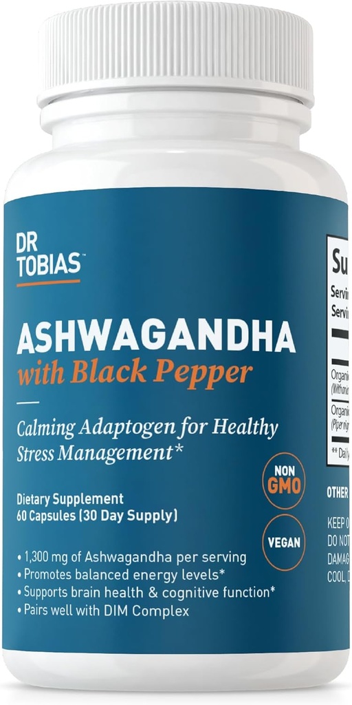 Dr. Tobias Ashwagandha Capsules, 1300mg Organic Ashwagandha Root Extract Per Serving with Black Pepper, Calming Adaptogen, Energy & Focus Supplement, 60 Vegetarian Capsules