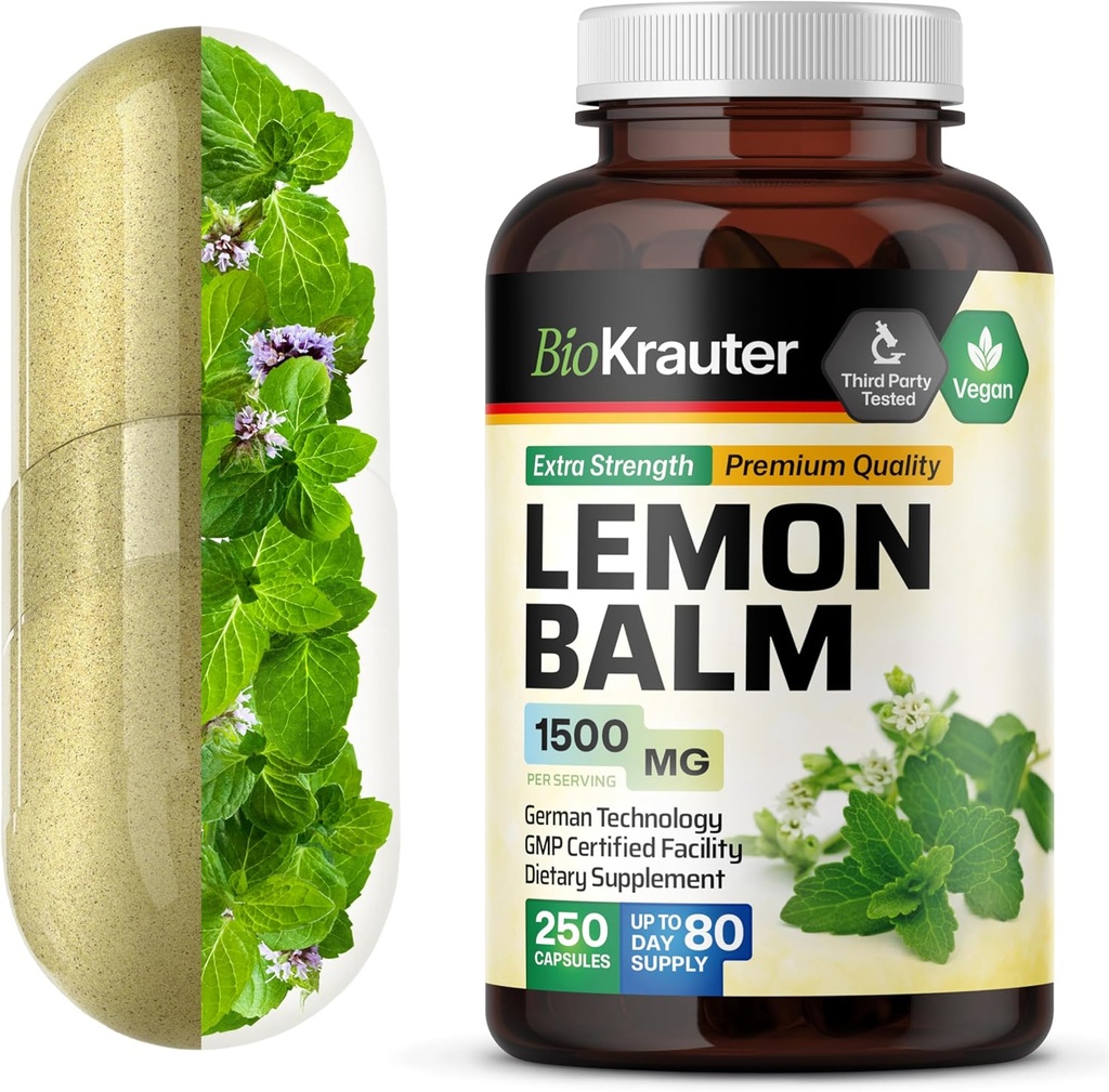BIO KRAUTER Lemon Balm Capsules 1500 mg - 250 Count - Vegan Melissa Herbal Supplement - Natural Relaxation Support - Lemon Balm Leaf