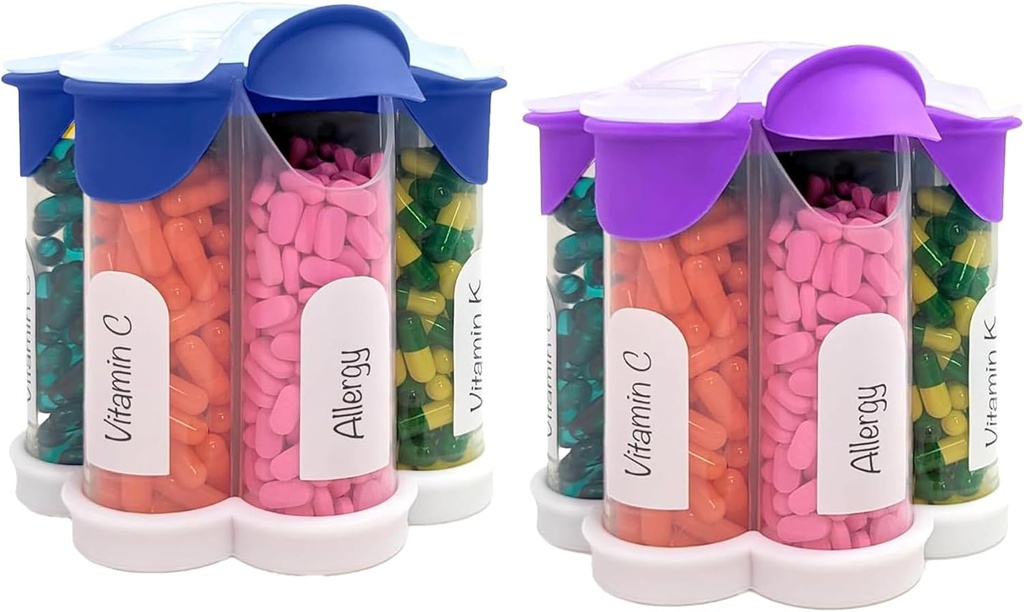 Extra Large Pill Organizer Daily, Weekly, Monthly Supplement Bottle, Cute Blossom Pill Dispenser with 7 XL Compartments (2 Pack Combo) (Dark Blue and Purple)