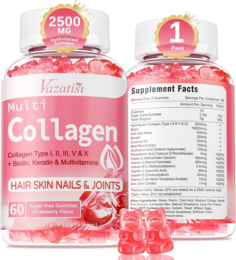 Collagen Gummies for Women Men, Sugar Free Protein Collagen Gummies, Hydrolyzed Collagen Peptide Type I II III V X with Biotin Vitamin C A B D E for Skin Hair Nails