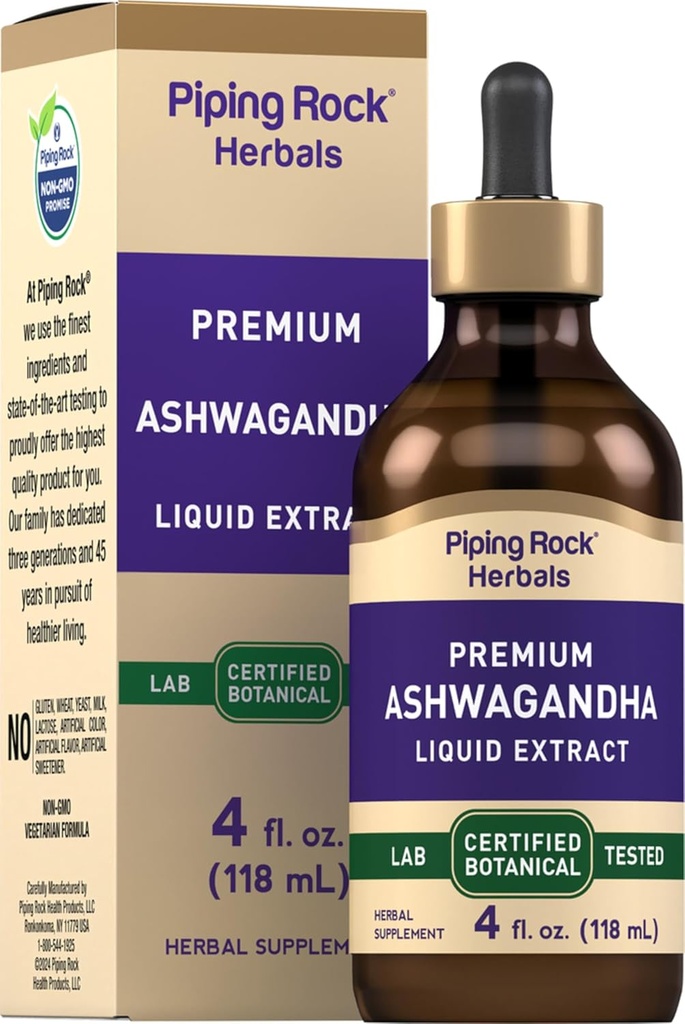 Piping Rock Ashwagandha Liquid Drops | 4 fl oz | Premium Herbal Root Extract | Alcohol Free Tincture | Vegetarian, Non-GMO, Gluten Free Supplement