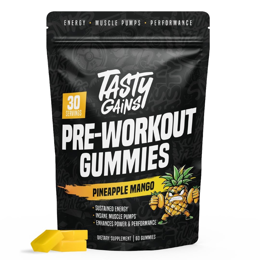 TASTY GAINS - Pre-Workout Gummies – Energy & Focus Boost, Caffeine Gummies for Men & Women, 200mg of Caffeine, Fat-Burning Preworkout for Strength & Endurance (60, Pineapple Mango)