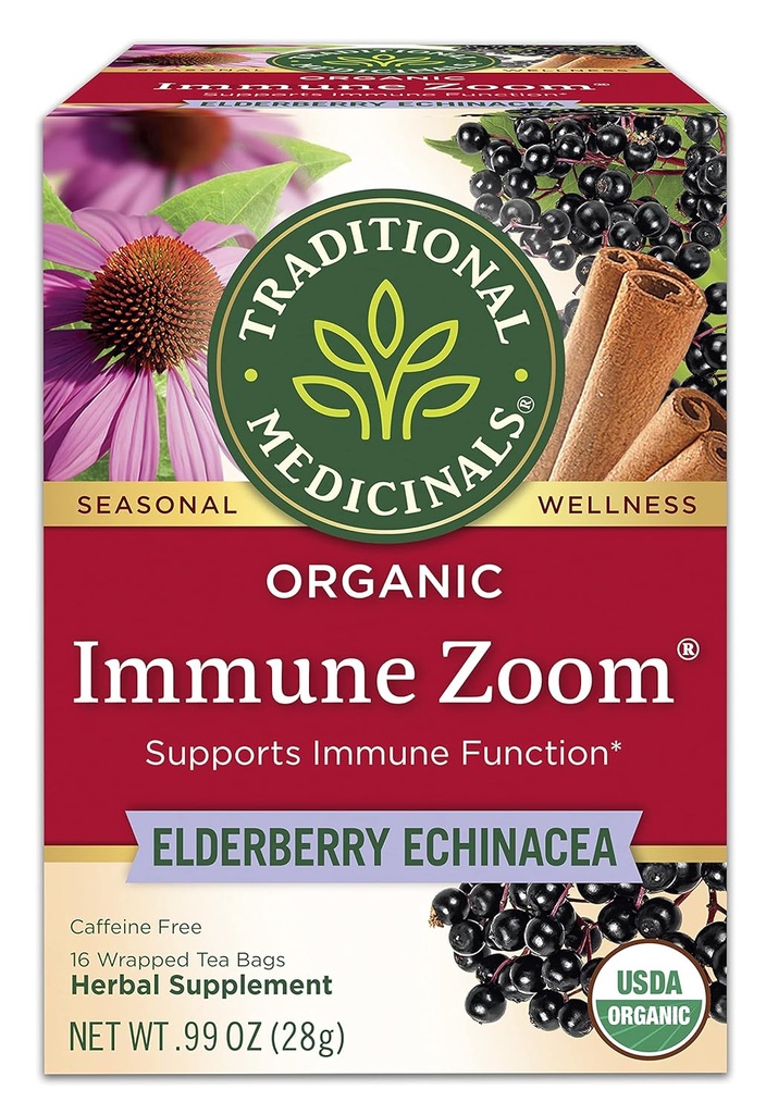 Traditional Medicinals, Organic Immune Zoom Echinacea Elderberry Tea Immune Elderberry, 16 Count (Pack of 2)