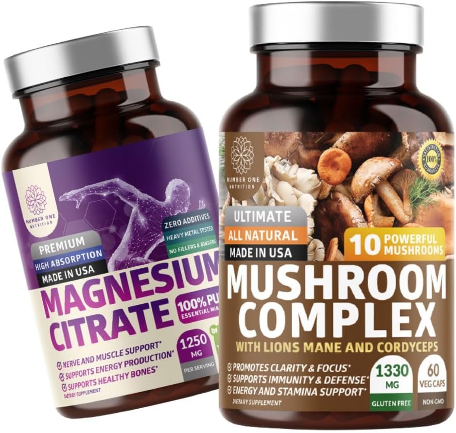 Number One Nutrition N1N Premium Mushroom Complex [10X Powerful Mushrooms] and Magnesium Citrate [200mg], 2 Pack Bundle
