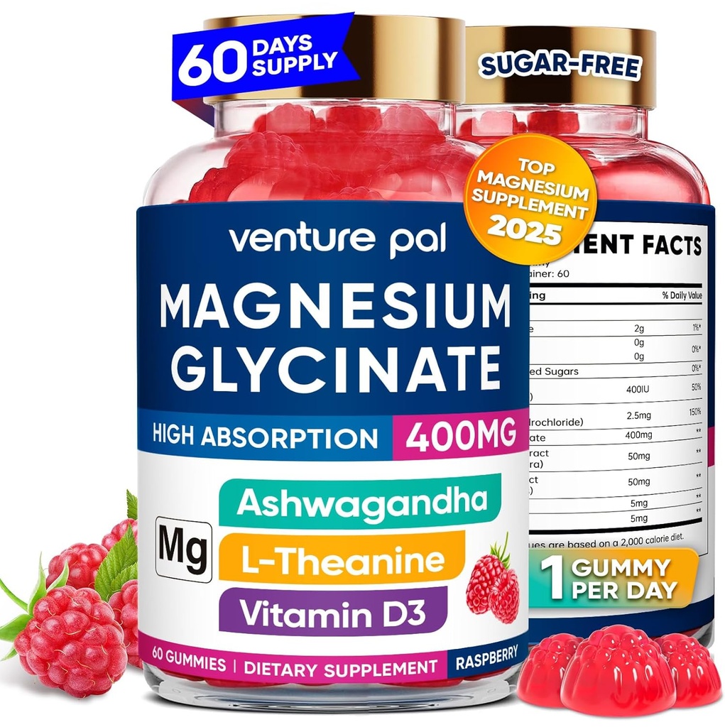 60 Day Supply Magnesium Glycinate 400mg Gummies with Ashwagandha, L-Theanine, CoQ10, Vitamin D3 & B6, Sugar Free Magnesium Gummies for Adults & Kids, Stress Relief, Sleep & Calm, Vegan, Gluten Free
