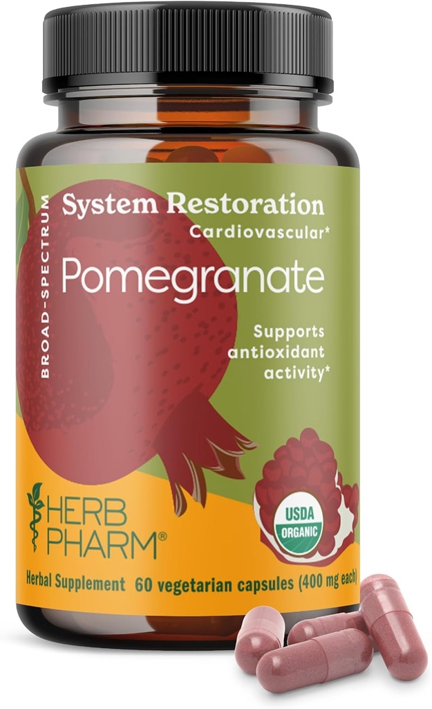 Herb Pharm USDA Organic Pomegranate Capsules for Heart Health Support | Antioxidant Activity Support & Heart Health Supplement Certified Organic Pomegranate Extract | 60 Vegan Capsules 30 Day Supply*